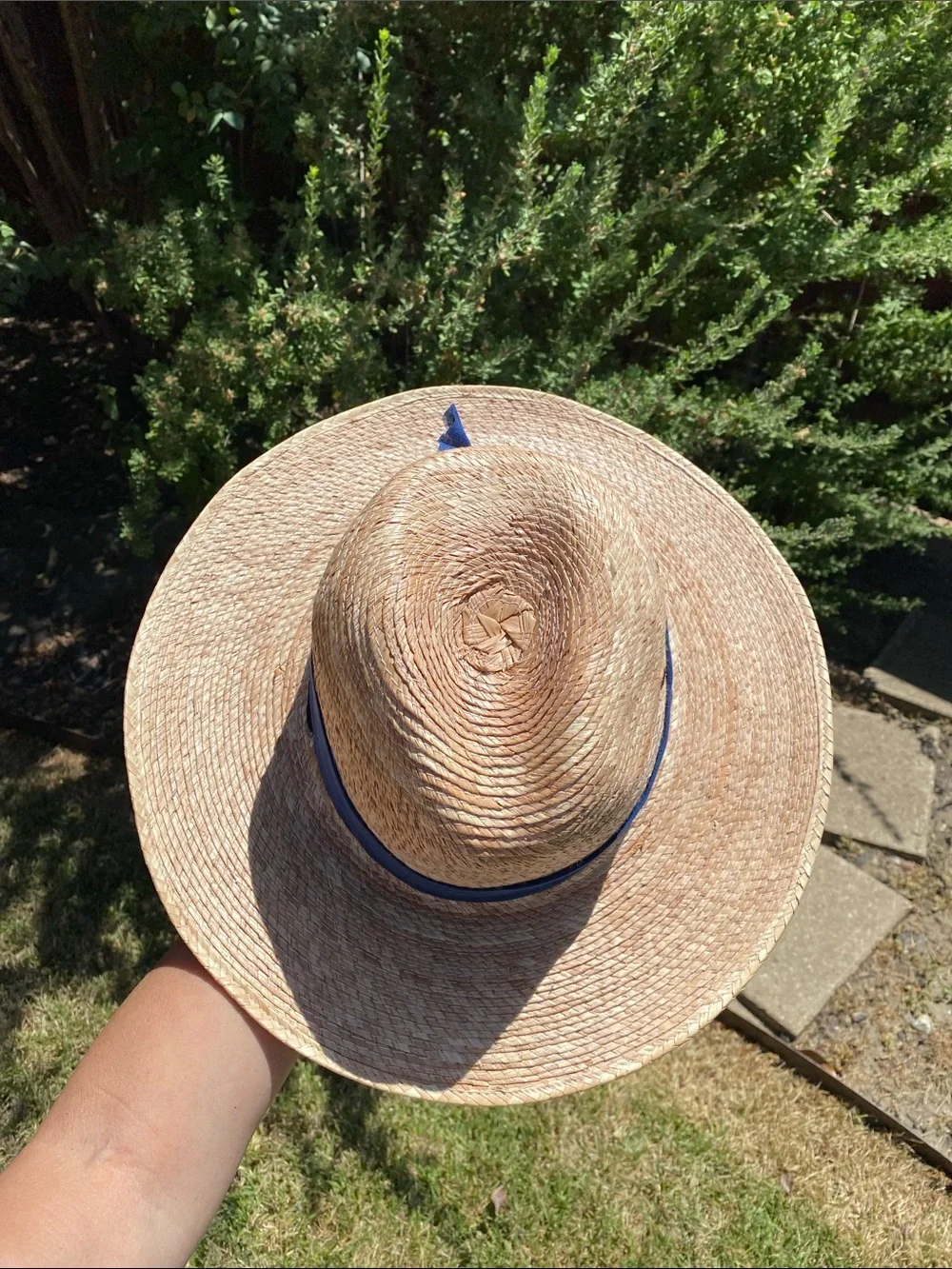 Women's Palm Leaf Straw Wide Brim Sun Hat with Blue Linen Hatband & Chinstrap